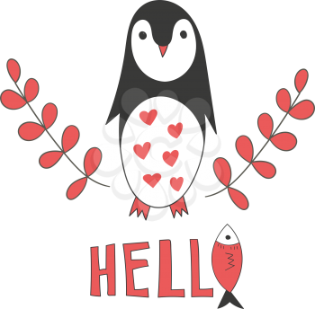 Vector Romantic  Greeting Card with Cartoon Penguin and Hello