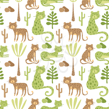Vector Seamless Safari Pattern with leopards and savannah landscape