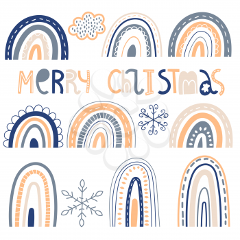 Vector Christmas Pattern with  rainbows and snowflakes. Childish naive scandinavian style. Design Elements set