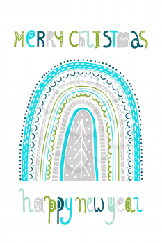 Vector Merry Christmas Greeting Card. Vector Christmas Pattern with Rainbow. Childish naive scandinavian style. 