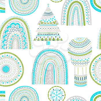 Vector Seamless Christmas Pattern with  rainbow, fir tree, snowflakes and balloon etc. Childish naive scandinavian style