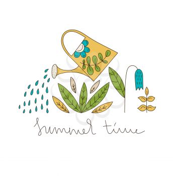 Vector Summer time greeting card with watering can and olants and flowers. Funny Summer Outdoor Doodles.