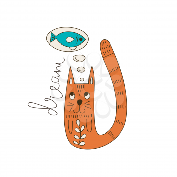 Vector Greeting Card with a Cat dreaming of a fish.  Funny Summer Outdoor Doodles.