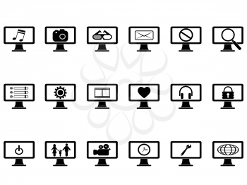 isolated computer monitor with icons set on white background