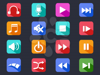 isolated flat media button long shadow icons on black background