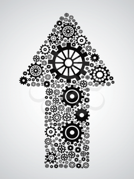 isolated arrow symbol filled with gears on gray background