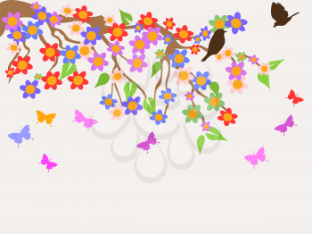 the background of spring flower tree with birds ,butterflies