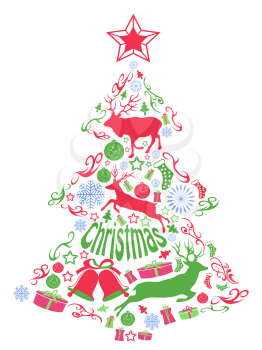 isolated Merry christmas tree with Xmas elements on white background
