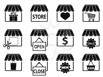 isolated black store icons set on white background