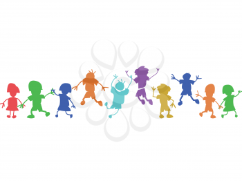 isolated colorful doodle happy kids in a row on white background 