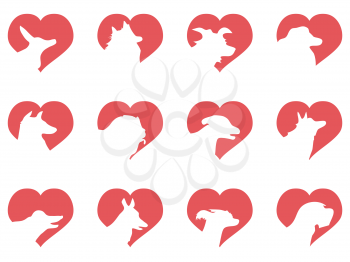 isolated dog head heart icons from white background