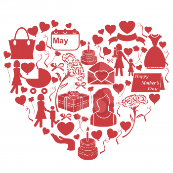 isolated mothers day icons in heart shape from white background