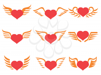 isolated red heart wings icons set on white background
