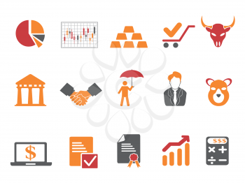 isolated orange and red color stock exchange icons set from white background