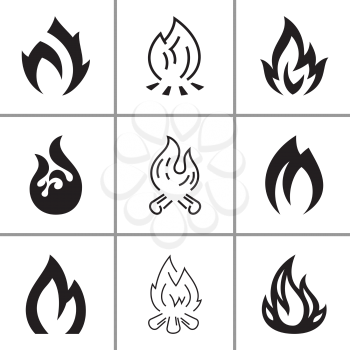 Fire flames signs and icons set, vector illustration