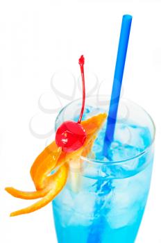 blue long drink cocktail with orange and cherry garnish and blue straw ,isolated on white background