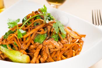 classic fresh chinese fried noodles with pork and vegetables and coriander on top