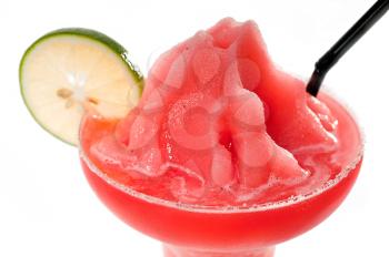 frozen strawberry  margarita daiquiri with lime and black straw isolated on white background