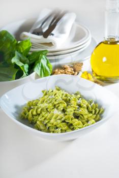 italian fusilli pasta and fresh homemade  pesto sauce