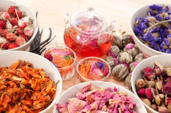 Herbal natural floral tea infusion with dry flowers ingredients