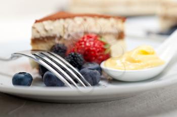 classic Italian tiramisu dessert with berries and custartd pastry cream on side 