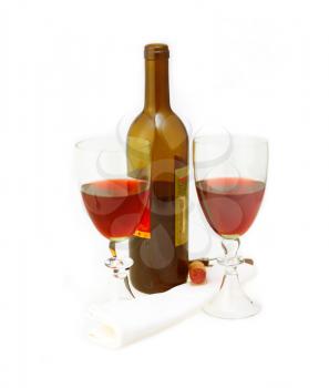 opened red wine bottle and two glasses isolated on white
