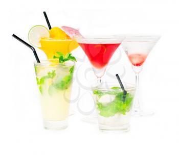group of classic colorful cocktails drink isolated on white background