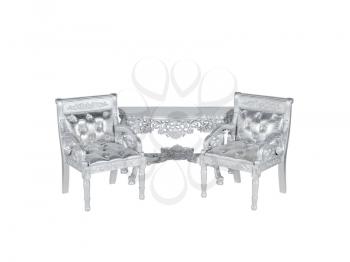 two silver leather  upholstery chairs with silver table on middle