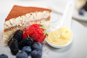 classic Italian tiramisu dessert with berries and custartd pastry cream on side 