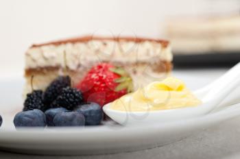 classic Italian tiramisu dessert with berries and custartd pastry cream on side 