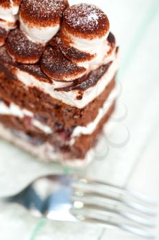 fresh whipped cream dessert cake slice with cocoa powder on top