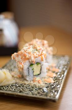 Japanese style maki sushi rolls set closeup macro