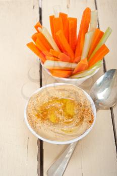 fresh hummus dip with raw carrot and celery arab middle eastent healthy food 