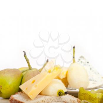 selection of cheese and fresh pears appetizer snack