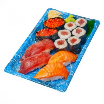take away selection of fresh sushi express on plastic tray 