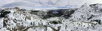 Royalty Free Photo of Donner Pass panoramic. This is a 4 image aerial panoramic of stunning Donner Pass  and Donner Lake near Truckee, California, USA. Yes, that is THE Donner Pass that the Donner Par