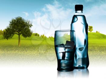 Royalty Free Photo of Bottle Water in Front of a Landscape