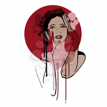 Royalty Free Clipart Image of a Woman Against a Red Circle