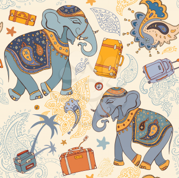 Royalty Free Clipart Image of an Elephant and Suitcase Background