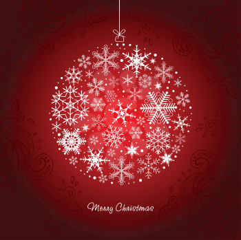 Royalty Free Clipart Image of a Christmas Greeting With an Ornament Made of Snowflakes