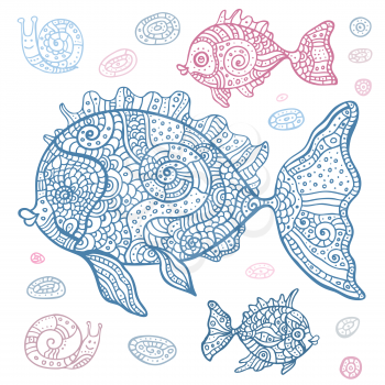 Sea set of fish and snails. Hand drawn vector illustration.