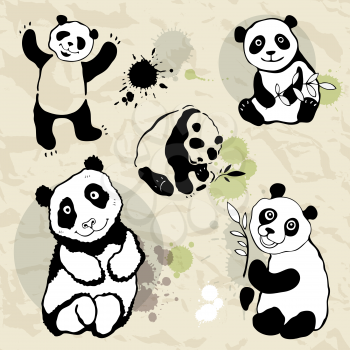 Pandas collection. Vector illustration on crumpled paper.