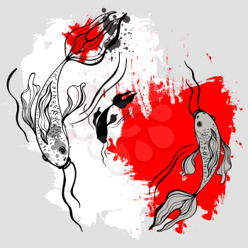 Koi fishes. Japanese style. Vectorized brush painting