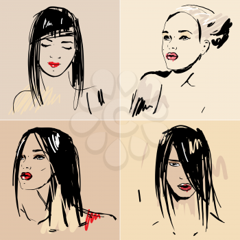 Set of sketch Beautiful girls. Handdrawn illustration.