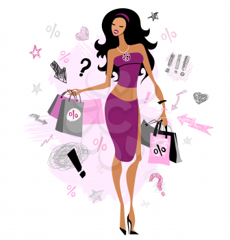 Woman with shopping bags. Vector illustration. Isolated.