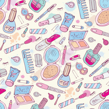 Beauty products. Cosmetics. Seamless Hand drawn Vector background.