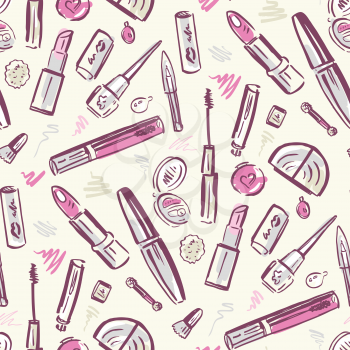 Beauty products. Cosmetics. Seamless Hand drawn Vector background.