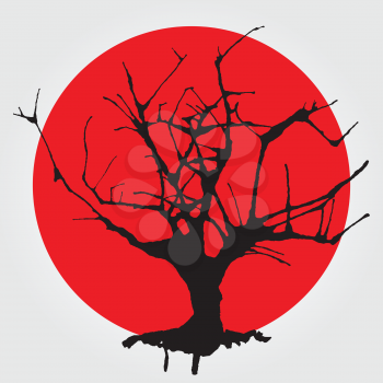 Old tree in Chinese style. Vector hand drawn illustration.