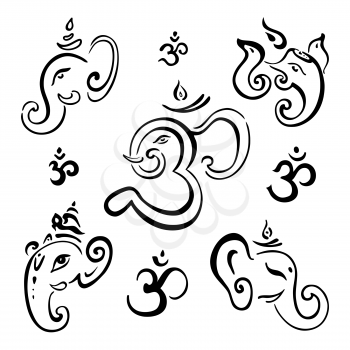 Hindu God Ganesha. Vector hand drawn illustration set.