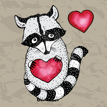 Raccoon carrying a heart.  Cartoon Hand drawn illustration.